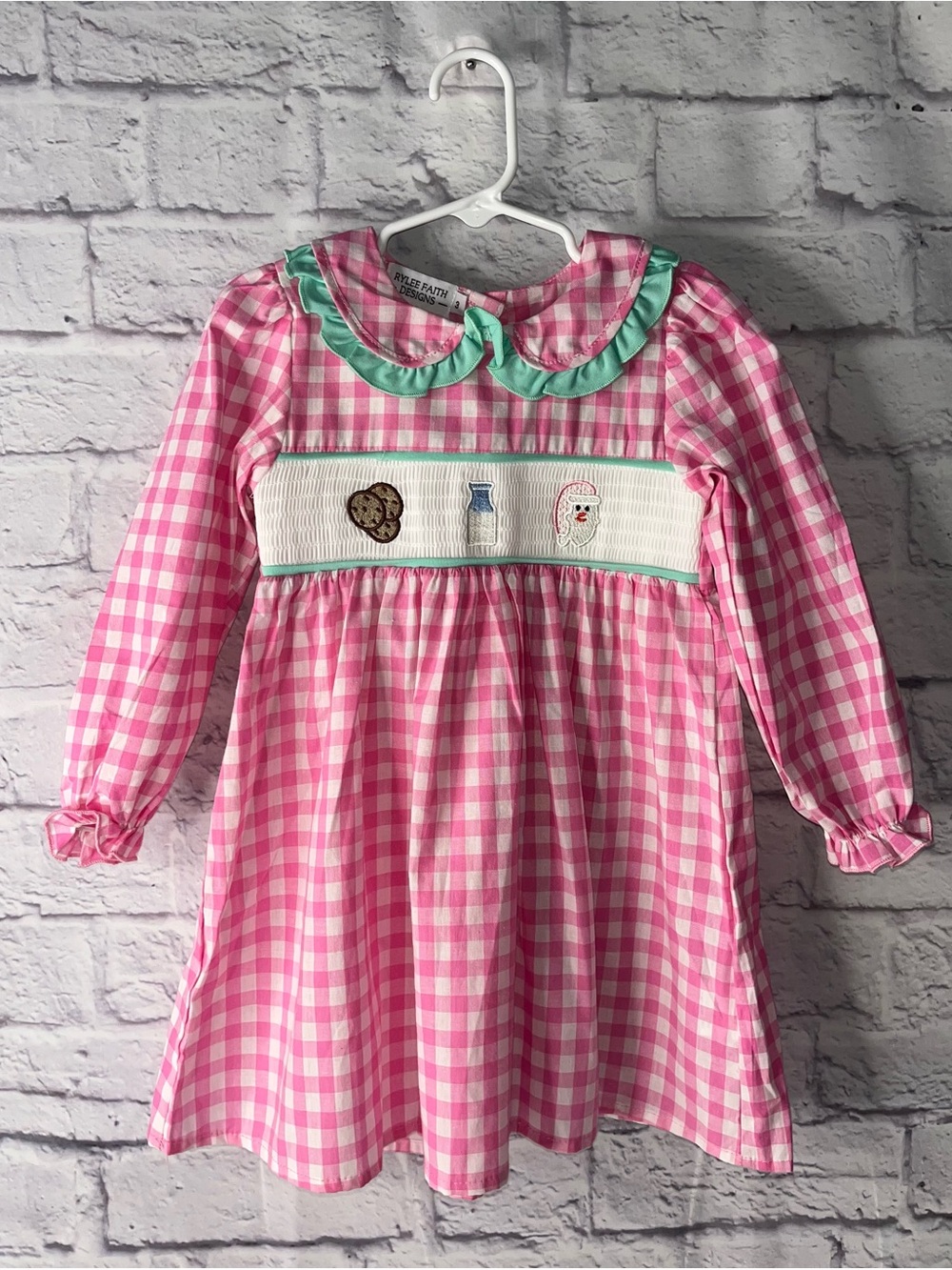 Girls Pink and White Green Gingham Ruffle Collar Dress Santa Christmas size 3